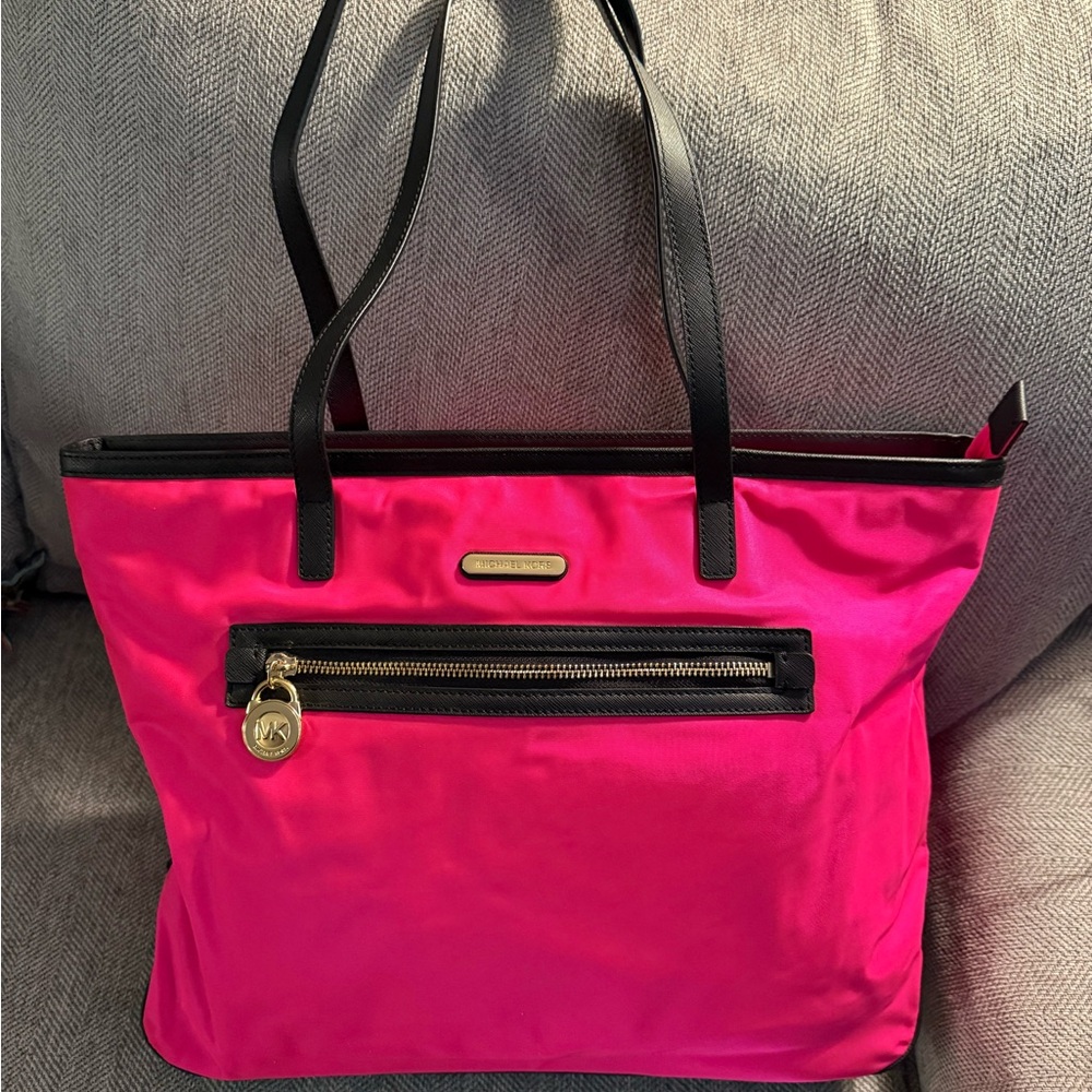 Michael Kors Hot Pink Nylon Tote with Black leather Accents